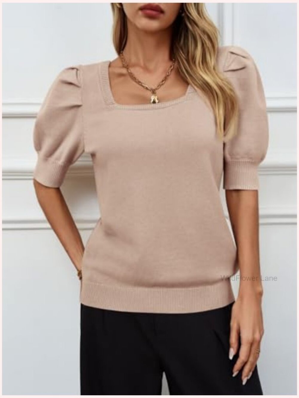 Puff Short Sleeve Knit Pullover Square Neck Loose Fit Casual - Picture 4 of 6